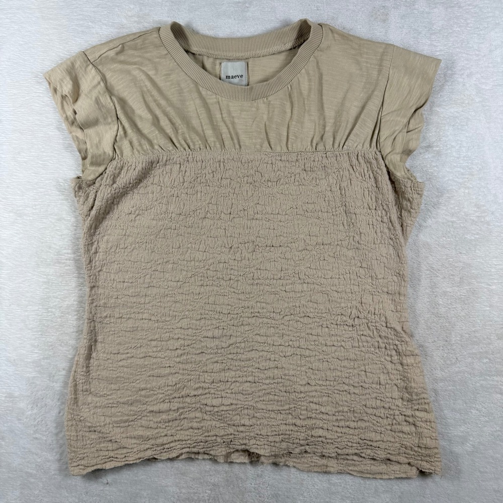 Maeve Anthropologie Beige Smocked Textured Cap Sleeve T-Shirt Womens S
